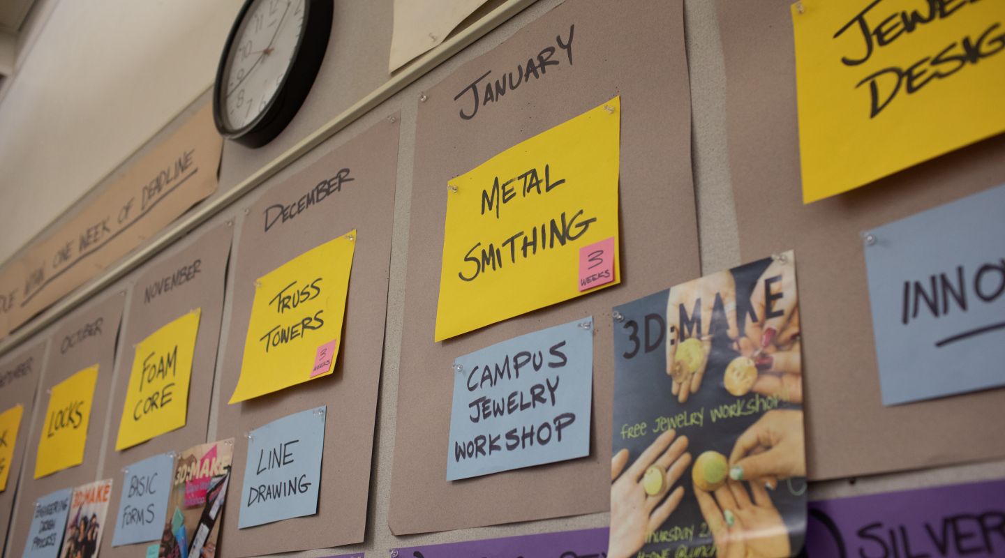 Colored construction papers on a classroom wall that note the activities for each month. The ones closest to the camera say "Metal Smithing" and "Campus Jewelry Shop".