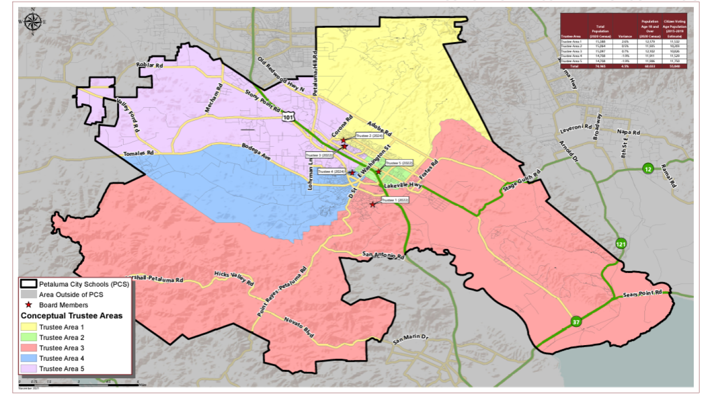 a colorful map of the various trustee areas. Thes image states: "Trustee Area 1: Yellow, Trustee Area 2: Green, Trustee Area 3: Red, Trustee Area 4: Blue, Trustee Area 5: Purple".